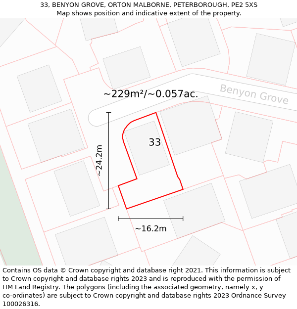 33, BENYON GROVE, ORTON MALBORNE, PETERBOROUGH, PE2 5XS: Plot and title map