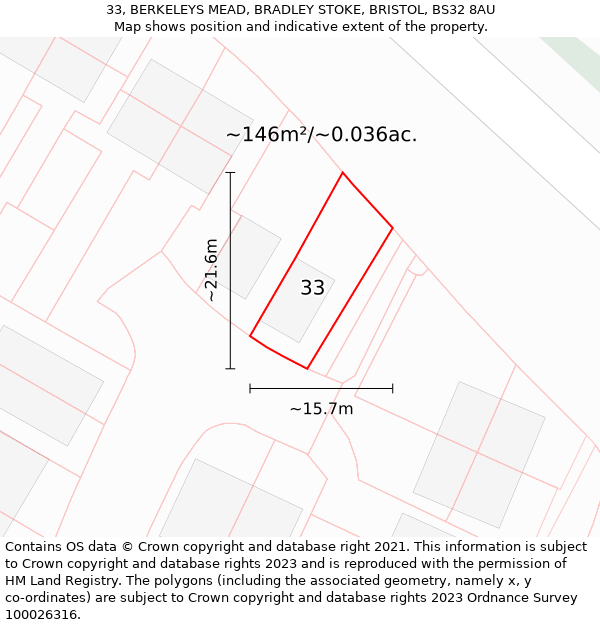 33, BERKELEYS MEAD, BRADLEY STOKE, BRISTOL, BS32 8AU: Plot and title map