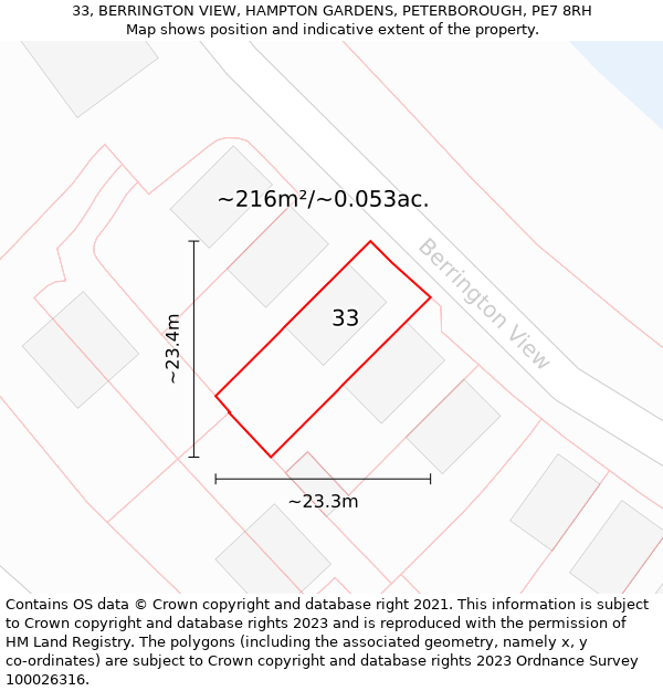 33, BERRINGTON VIEW, HAMPTON GARDENS, PETERBOROUGH, PE7 8RH: Plot and title map