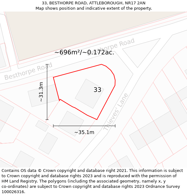 33, BESTHORPE ROAD, ATTLEBOROUGH, NR17 2AN: Plot and title map