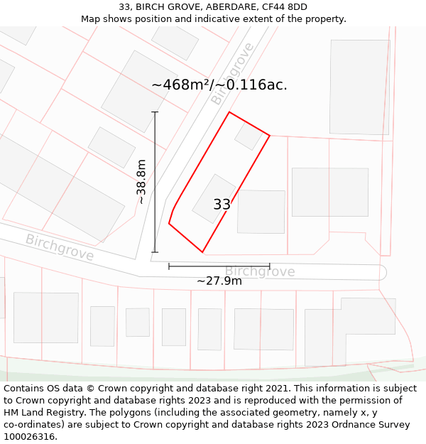 33, BIRCH GROVE, ABERDARE, CF44 8DD: Plot and title map