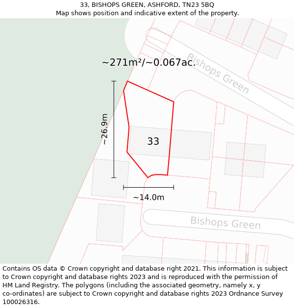 33, BISHOPS GREEN, ASHFORD, TN23 5BQ: Plot and title map