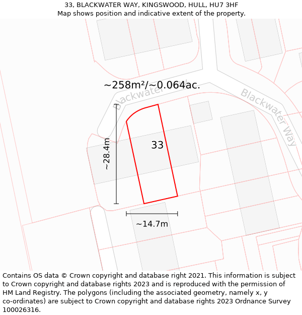 33, BLACKWATER WAY, KINGSWOOD, HULL, HU7 3HF: Plot and title map