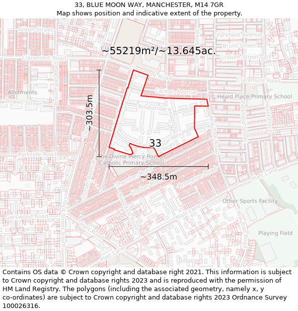 33, BLUE MOON WAY, MANCHESTER, M14 7GR: Plot and title map