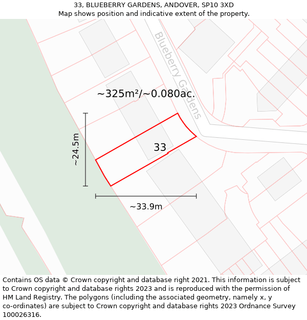 33, BLUEBERRY GARDENS, ANDOVER, SP10 3XD: Plot and title map