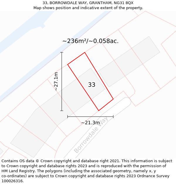 33, BORROWDALE WAY, GRANTHAM, NG31 8QX: Plot and title map