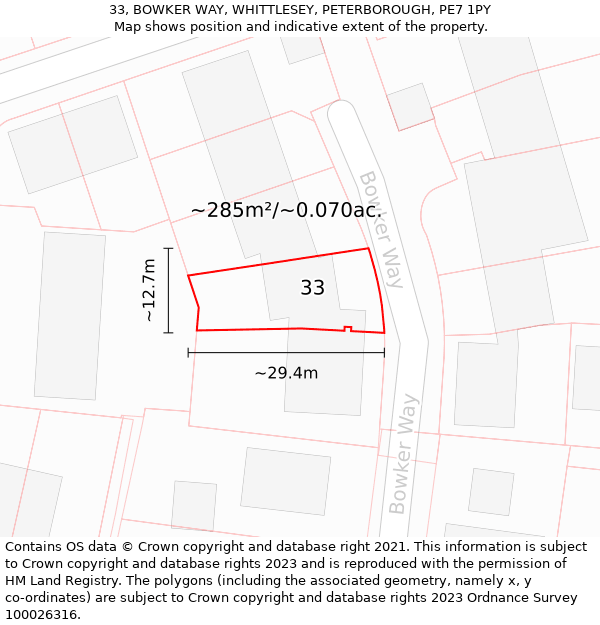 33, BOWKER WAY, WHITTLESEY, PETERBOROUGH, PE7 1PY: Plot and title map