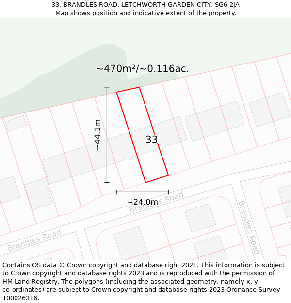 33, BRANDLES ROAD, LETCHWORTH GARDEN CITY, SG6 2JA: Plot and title map