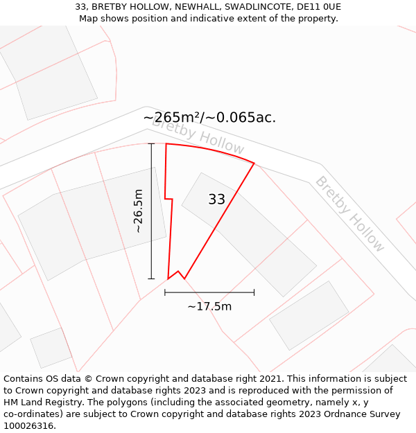 33, BRETBY HOLLOW, NEWHALL, SWADLINCOTE, DE11 0UE: Plot and title map