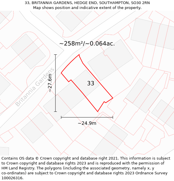 33, BRITANNIA GARDENS, HEDGE END, SOUTHAMPTON, SO30 2RN: Plot and title map