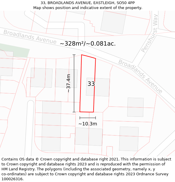 33, BROADLANDS AVENUE, EASTLEIGH, SO50 4PP: Plot and title map