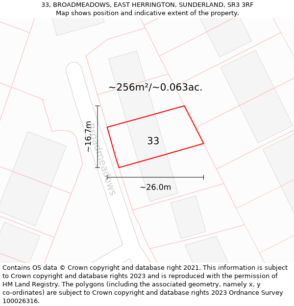 33, BROADMEADOWS, EAST HERRINGTON, SUNDERLAND, SR3 3RF: Plot and title map