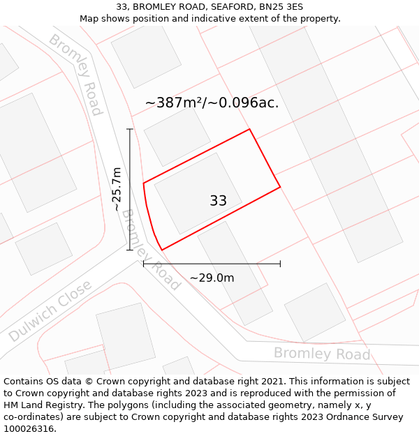 33, BROMLEY ROAD, SEAFORD, BN25 3ES: Plot and title map