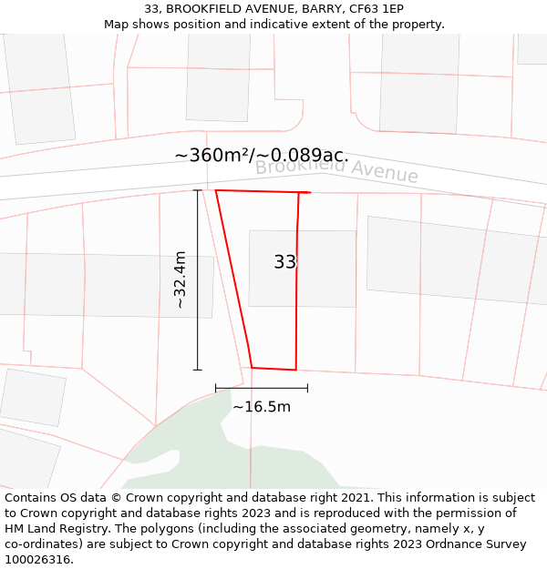 33, BROOKFIELD AVENUE, BARRY, CF63 1EP: Plot and title map