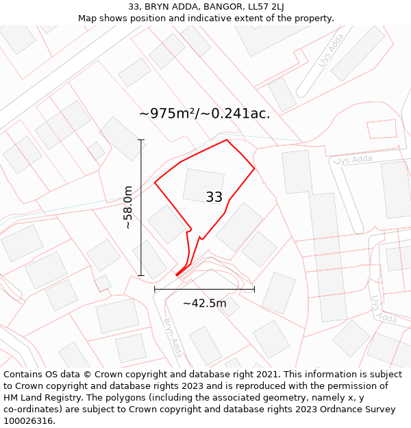 33, BRYN ADDA, BANGOR, LL57 2LJ: Plot and title map