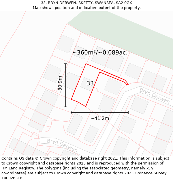 33, BRYN DERWEN, SKETTY, SWANSEA, SA2 9GX: Plot and title map