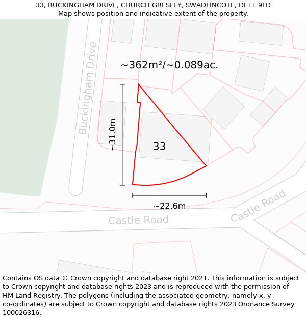 33, BUCKINGHAM DRIVE, CHURCH GRESLEY, SWADLINCOTE, DE11 9LD: Plot and title map