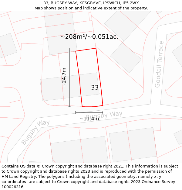 33, BUGSBY WAY, KESGRAVE, IPSWICH, IP5 2WX: Plot and title map