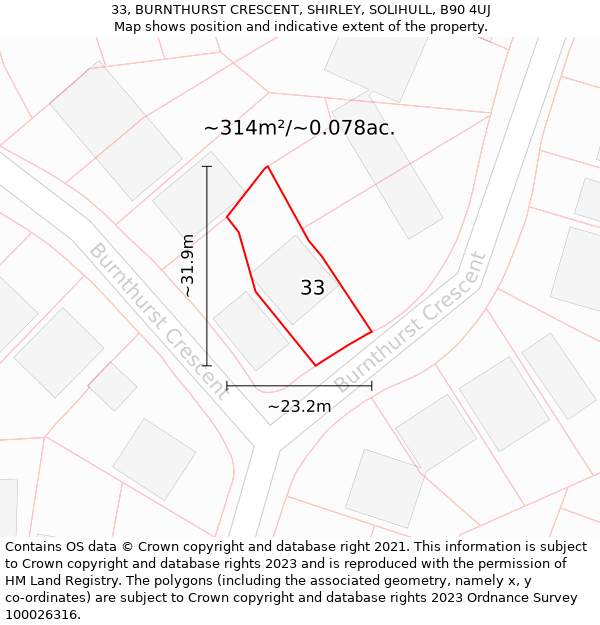 33, BURNTHURST CRESCENT, SHIRLEY, SOLIHULL, B90 4UJ: Plot and title map