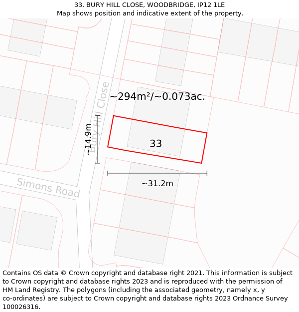 33, BURY HILL CLOSE, WOODBRIDGE, IP12 1LE: Plot and title map