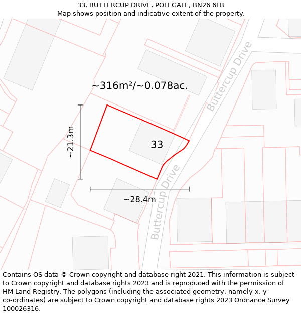 33, BUTTERCUP DRIVE, POLEGATE, BN26 6FB: Plot and title map