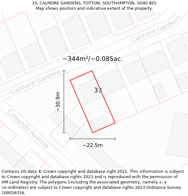 33, CALMORE GARDENS, TOTTON, SOUTHAMPTON, SO40 8ES: Plot and title map