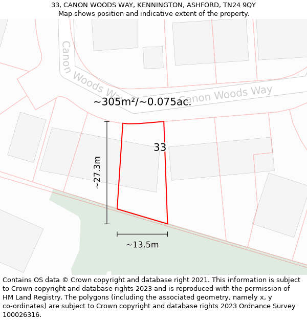 33, CANON WOODS WAY, KENNINGTON, ASHFORD, TN24 9QY: Plot and title map