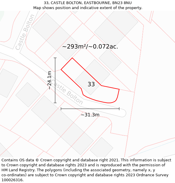 33, CASTLE BOLTON, EASTBOURNE, BN23 8NU: Plot and title map