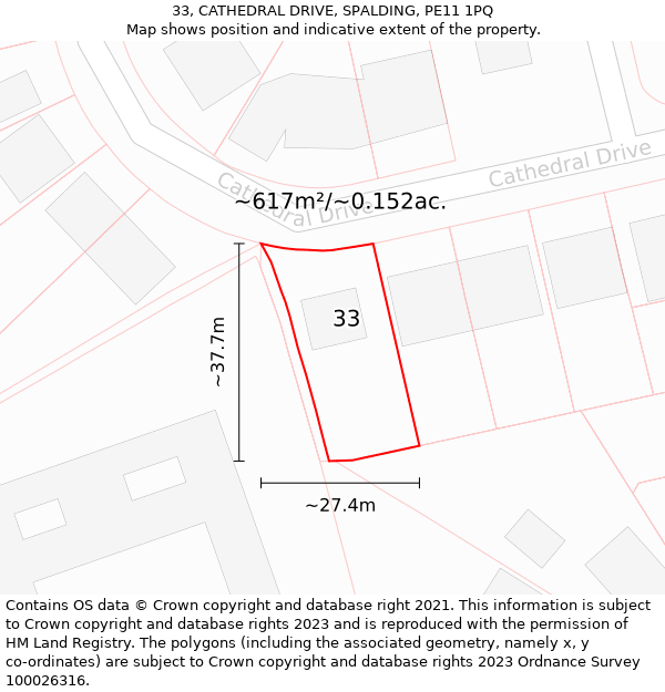 33, CATHEDRAL DRIVE, SPALDING, PE11 1PQ: Plot and title map