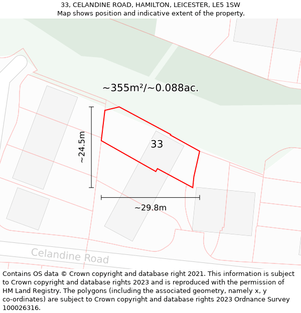 33, CELANDINE ROAD, HAMILTON, LEICESTER, LE5 1SW: Plot and title map