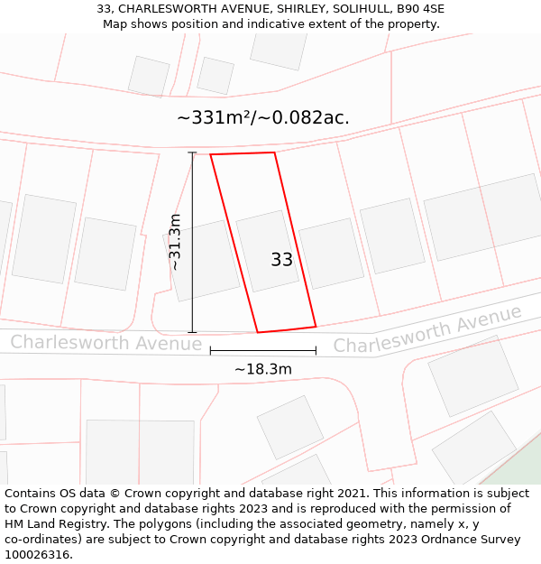 33, CHARLESWORTH AVENUE, SHIRLEY, SOLIHULL, B90 4SE: Plot and title map