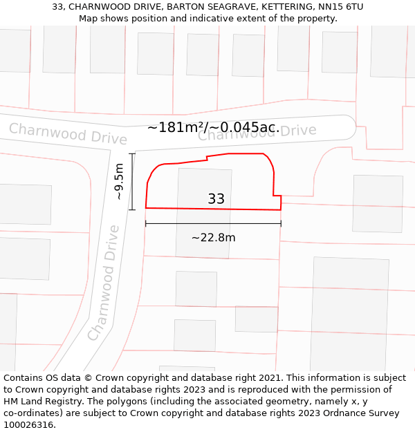 33, CHARNWOOD DRIVE, BARTON SEAGRAVE, KETTERING, NN15 6TU: Plot and title map