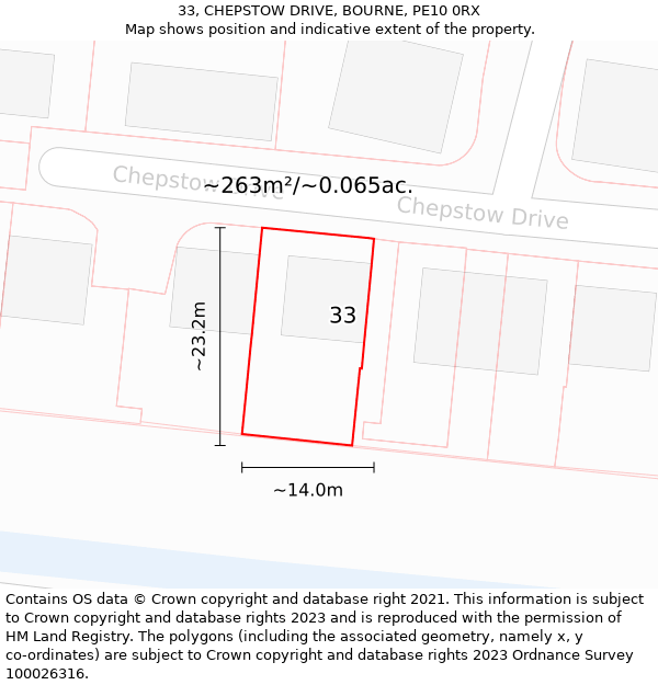 33, CHEPSTOW DRIVE, BOURNE, PE10 0RX: Plot and title map