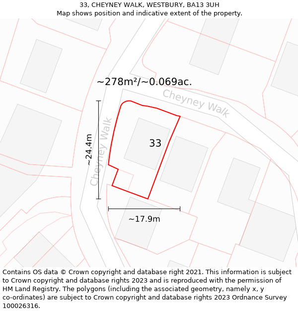 33, CHEYNEY WALK, WESTBURY, BA13 3UH: Plot and title map