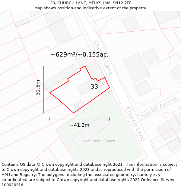 33, CHURCH LANE, MELKSHAM, SN12 7EF: Plot and title map