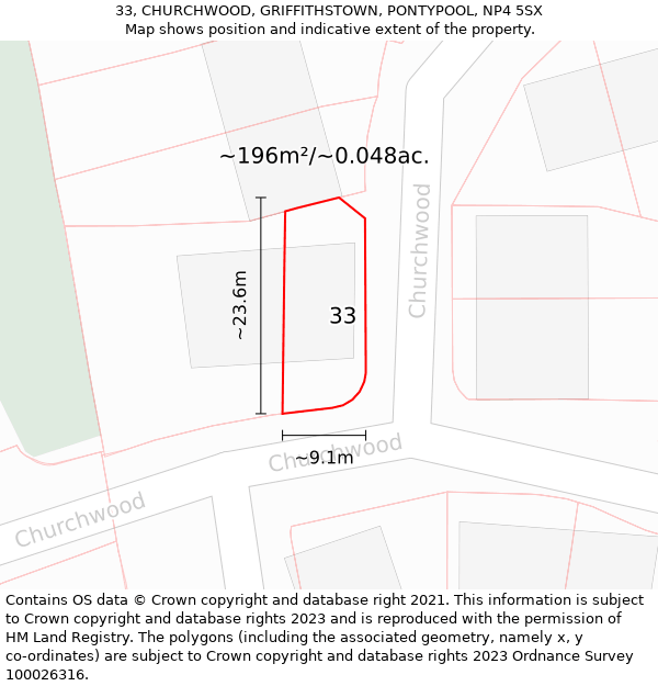 33, CHURCHWOOD, GRIFFITHSTOWN, PONTYPOOL, NP4 5SX: Plot and title map