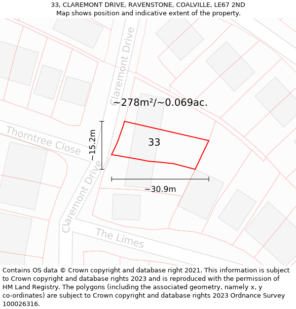 33, CLAREMONT DRIVE, RAVENSTONE, COALVILLE, LE67 2ND: Plot and title map