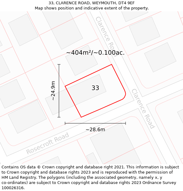 33, CLARENCE ROAD, WEYMOUTH, DT4 9EF: Plot and title map