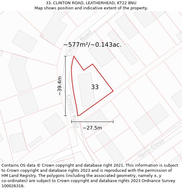 33, CLINTON ROAD, LEATHERHEAD, KT22 8NU: Plot and title map