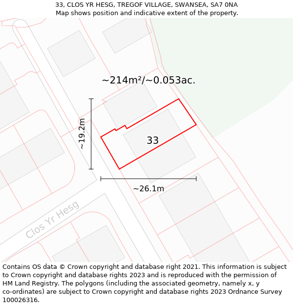 33, CLOS YR HESG, TREGOF VILLAGE, SWANSEA, SA7 0NA: Plot and title map