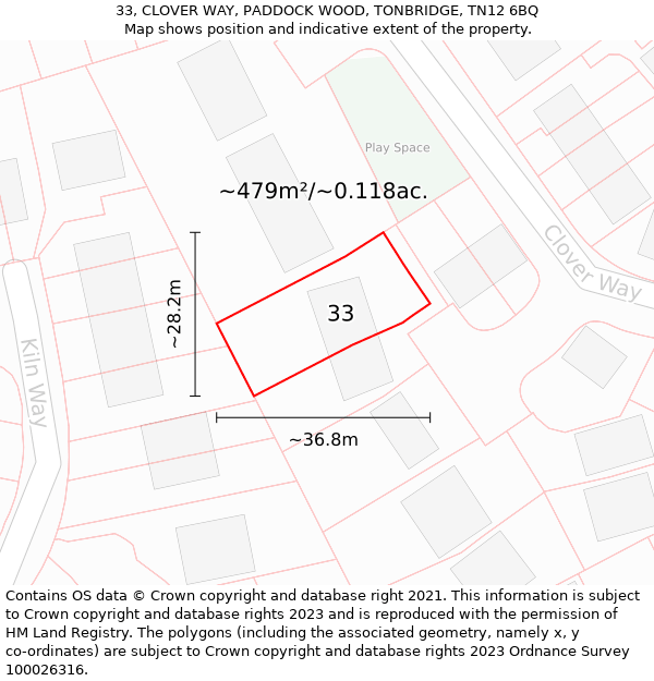 33, CLOVER WAY, PADDOCK WOOD, TONBRIDGE, TN12 6BQ: Plot and title map