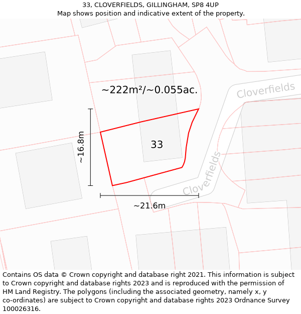 33, CLOVERFIELDS, GILLINGHAM, SP8 4UP: Plot and title map