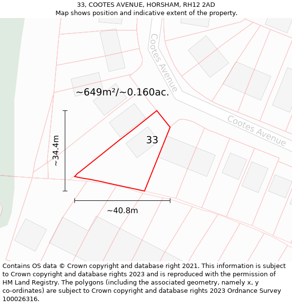 33, COOTES AVENUE, HORSHAM, RH12 2AD: Plot and title map