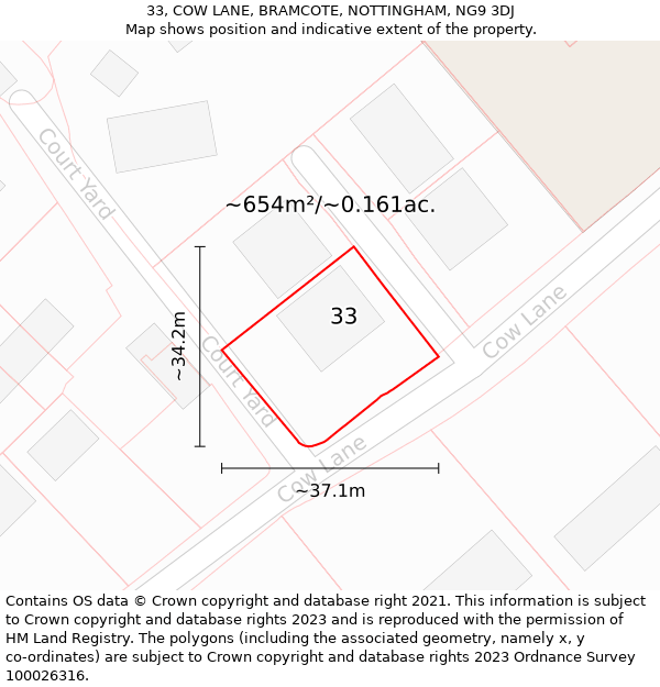 33, COW LANE, BRAMCOTE, NOTTINGHAM, NG9 3DJ: Plot and title map