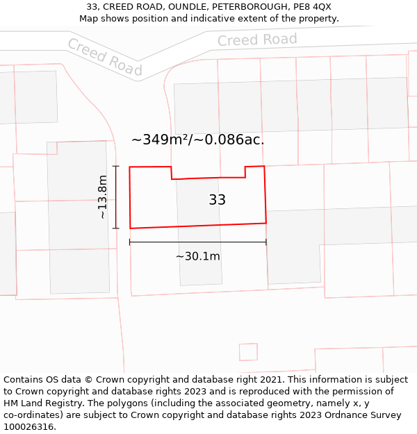 33, CREED ROAD, OUNDLE, PETERBOROUGH, PE8 4QX: Plot and title map