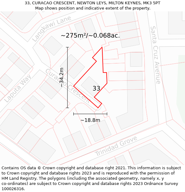 33, CURACAO CRESCENT, NEWTON LEYS, MILTON KEYNES, MK3 5PT: Plot and title map