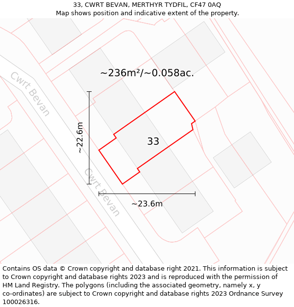 33, CWRT BEVAN, MERTHYR TYDFIL, CF47 0AQ: Plot and title map