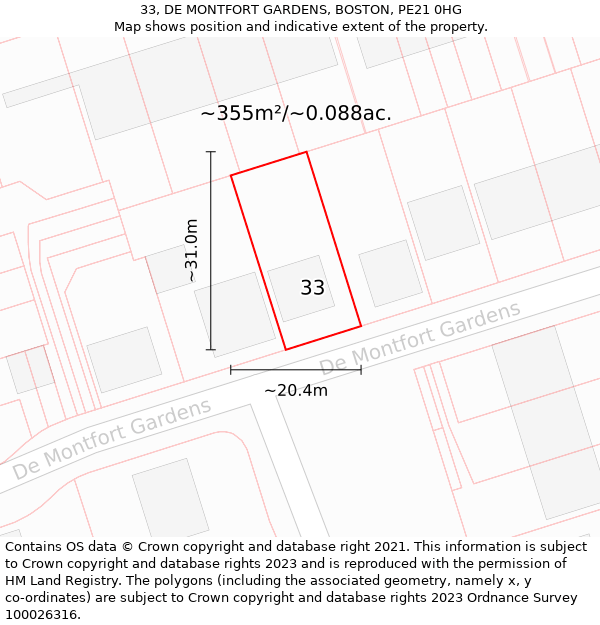 33, DE MONTFORT GARDENS, BOSTON, PE21 0HG: Plot and title map