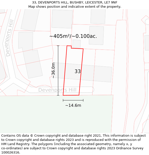 33, DEVENPORTS HILL, BUSHBY, LEICESTER, LE7 9NF: Plot and title map