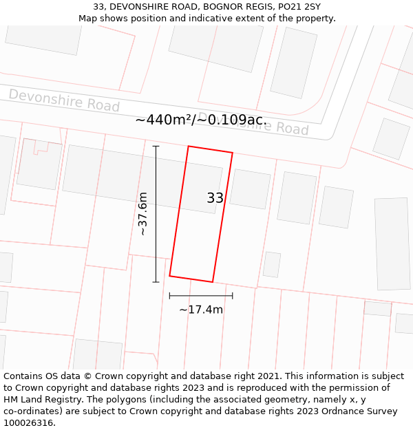 33, DEVONSHIRE ROAD, BOGNOR REGIS, PO21 2SY: Plot and title map